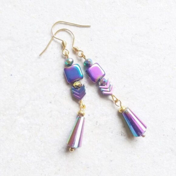 Peacock Purple Hues!!! One-of-a-kind Pair of Electroplated Dangle Earrings - Picture 3 of 7